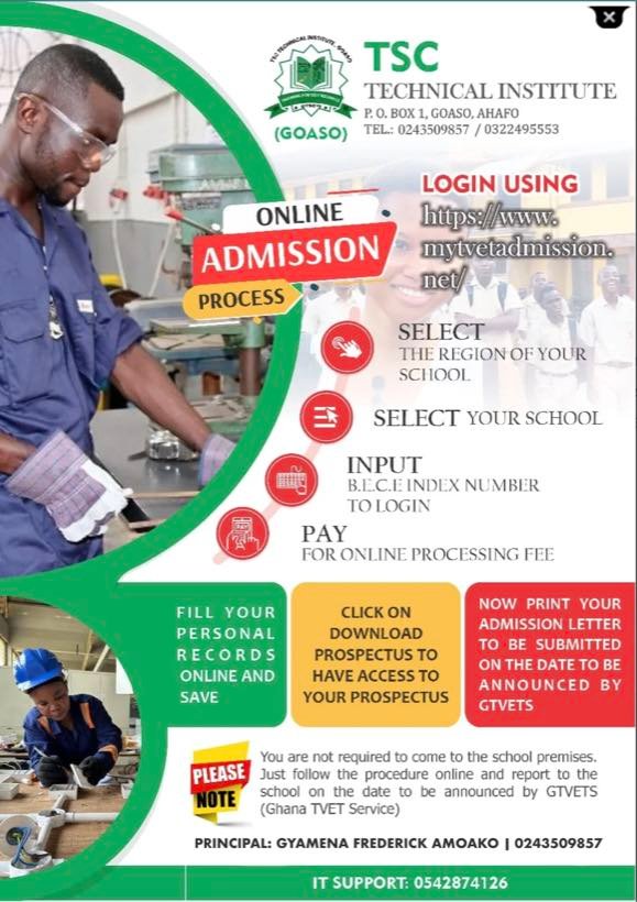 Online admission process for TSC Technical Institute, Goaso. Apply online at mytvetadmission.net